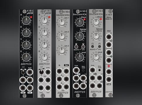 Doepfer micro: négy kompakt Eurorack-modul (ADSR, MIDI–CV, VCA, buffer)